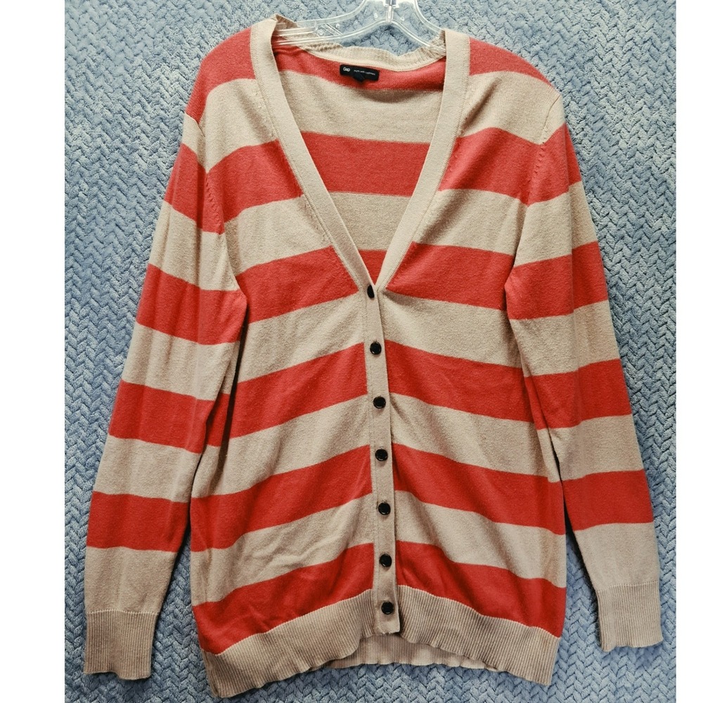 Gap Womens XXL Cardigan Sweater Coral Pink Tan Striped Cashmere Blend V-Neck